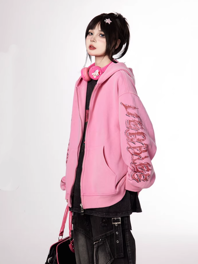 Pink Letter Print Sleeves Zip-up Hoodie Autumn for