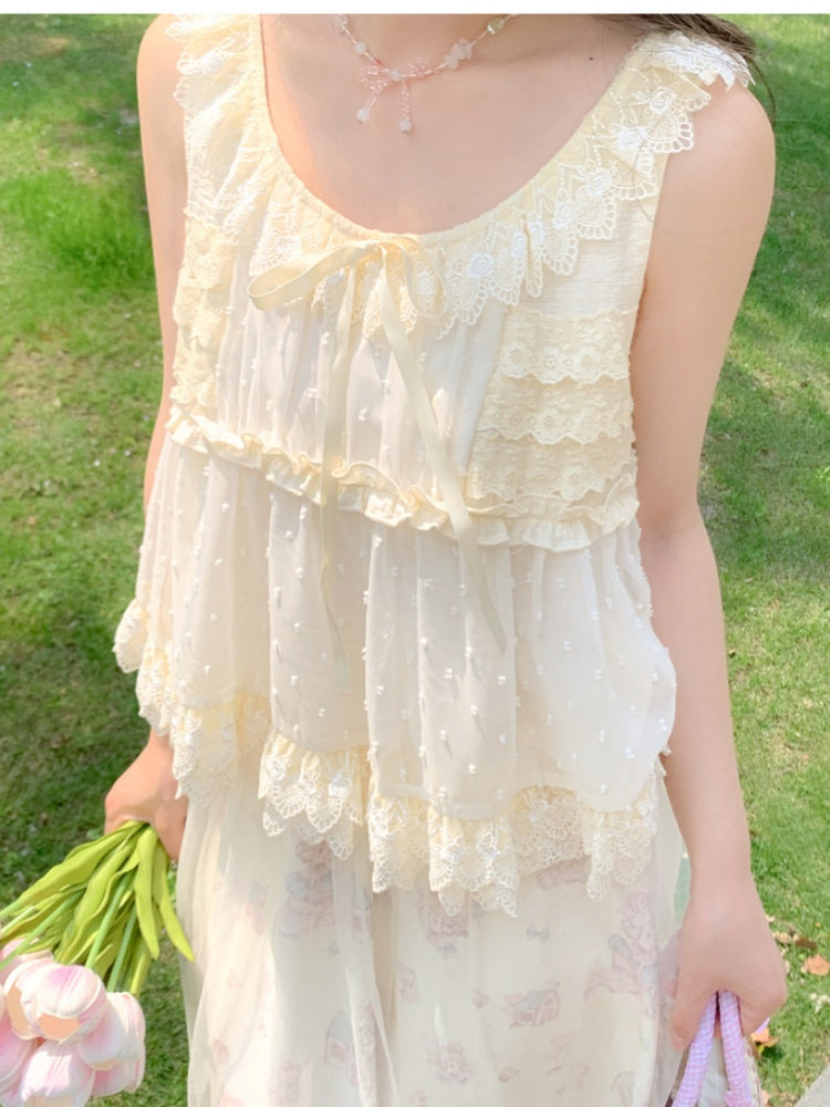 Self-tie Tank Top Bow Lace Trim Elegant with Beige Tiered