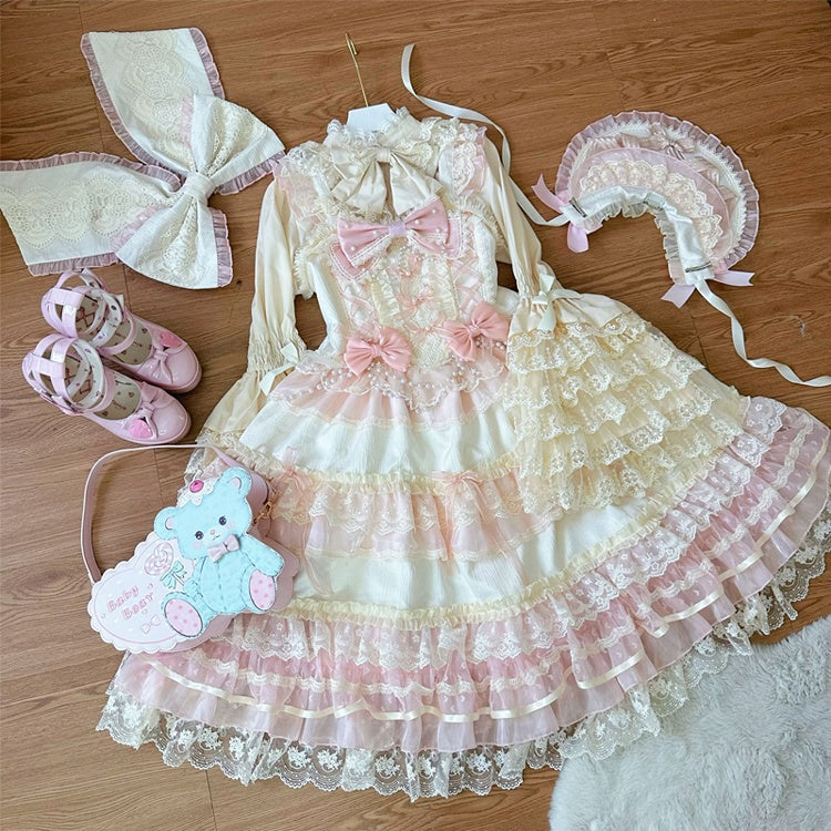 Decorated Chain Dress Hanayome Princess Bead Lolita Bows Apricot