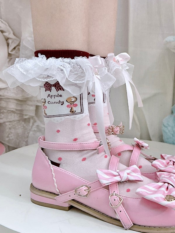 Lolita Calf Pink Bowknot Lace Pattern Details Cuffs Pearls Polka-dot Ruffled With Socks