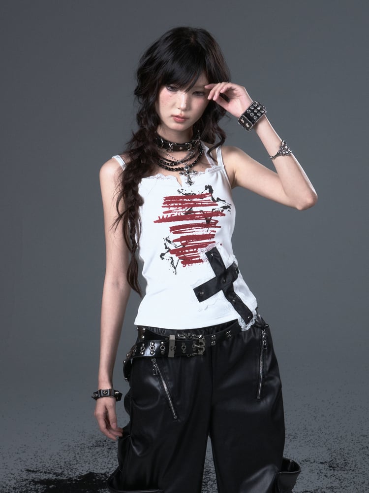 White Punk Star Graffiti Cami with Lace Studded Cross Top