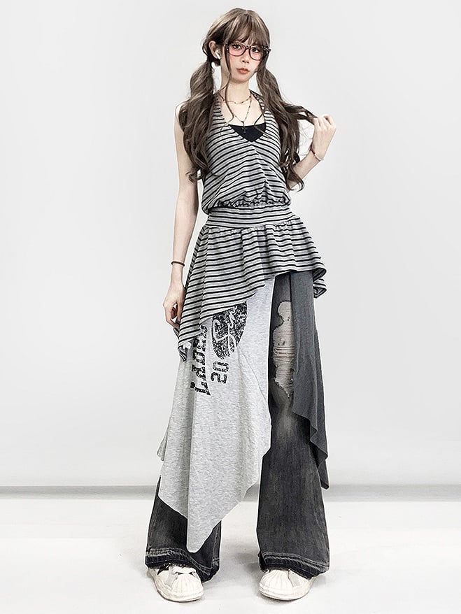 Shorts Hem Black Slit With Letter Asymmetrical Side Skirt Gray Print Glamorous