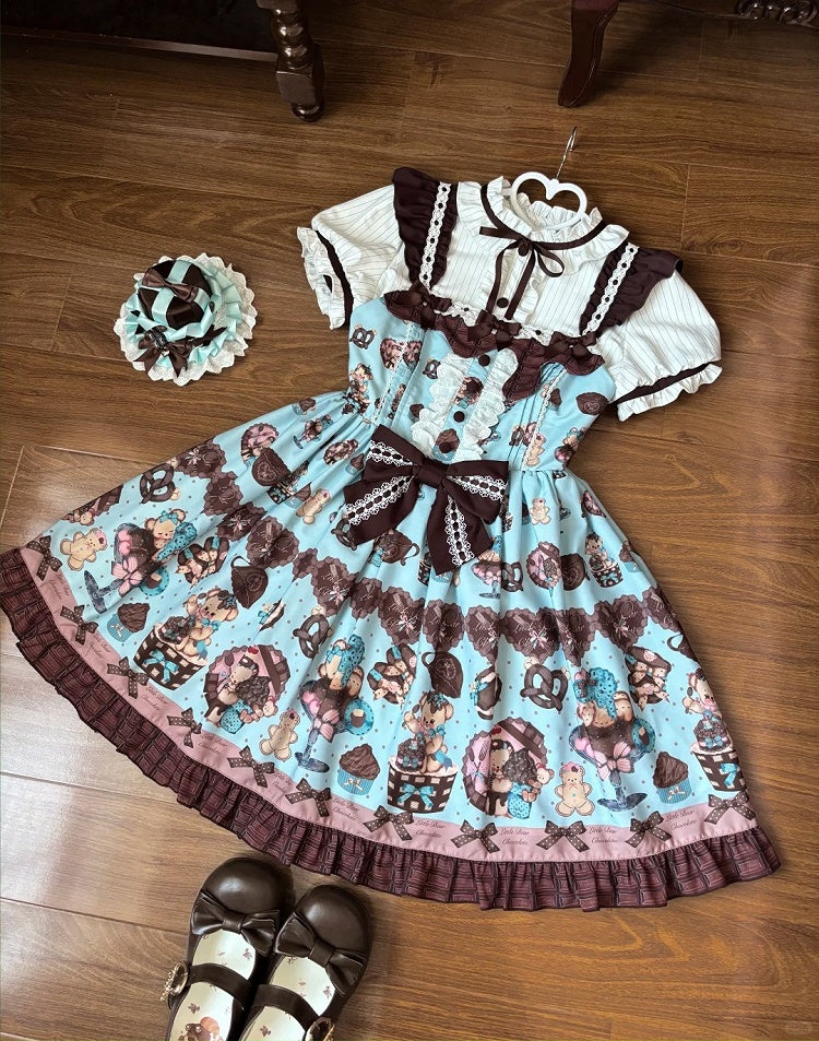 Lolita Dress Sleeves Vintage Teddy Bear Print Sweet Flutter Mint Green JSK