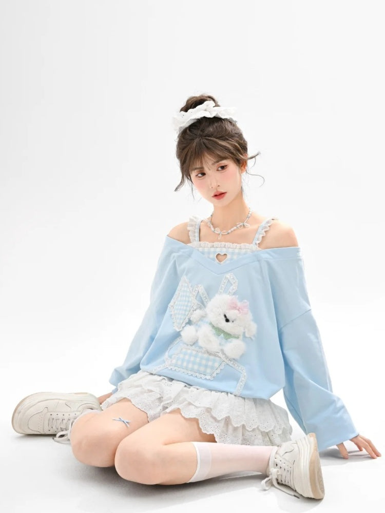 Cutout Shoulder Top Faux Plush Puppy Lace Embellished Blue Plaid Two-pieces