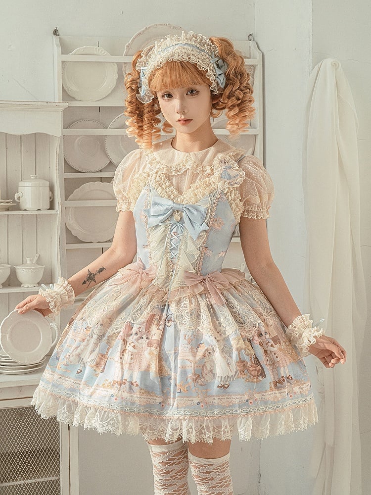 Blauer Tee Mieder Baby Jumper Print Kitty Sweet Rock Lolita Party Korsett Kleid