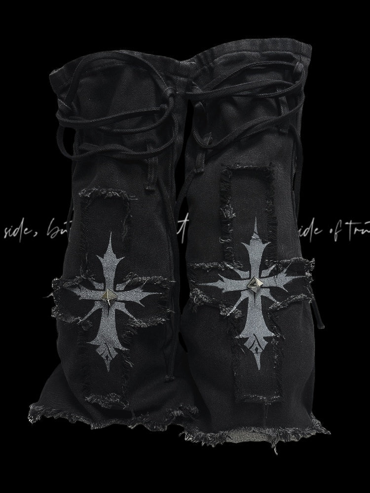 with Raw Hem Detail Lace-up Glamorous Leg Warmers Y2K Black Denim Cross Applique