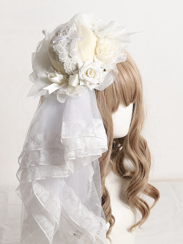 Flowers Lolita Lace Accents/Veil Butterfly Mini Hat and Yellow with