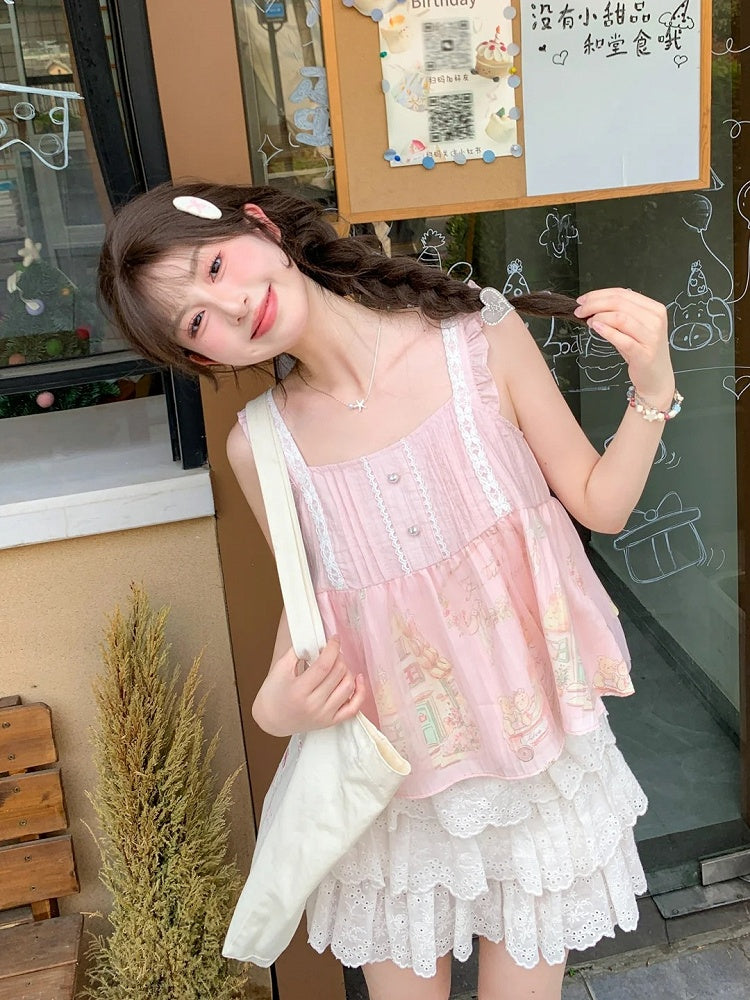 Flutter Sleeves Cartoon Bear Print Sleeveless Top Sweet Pink