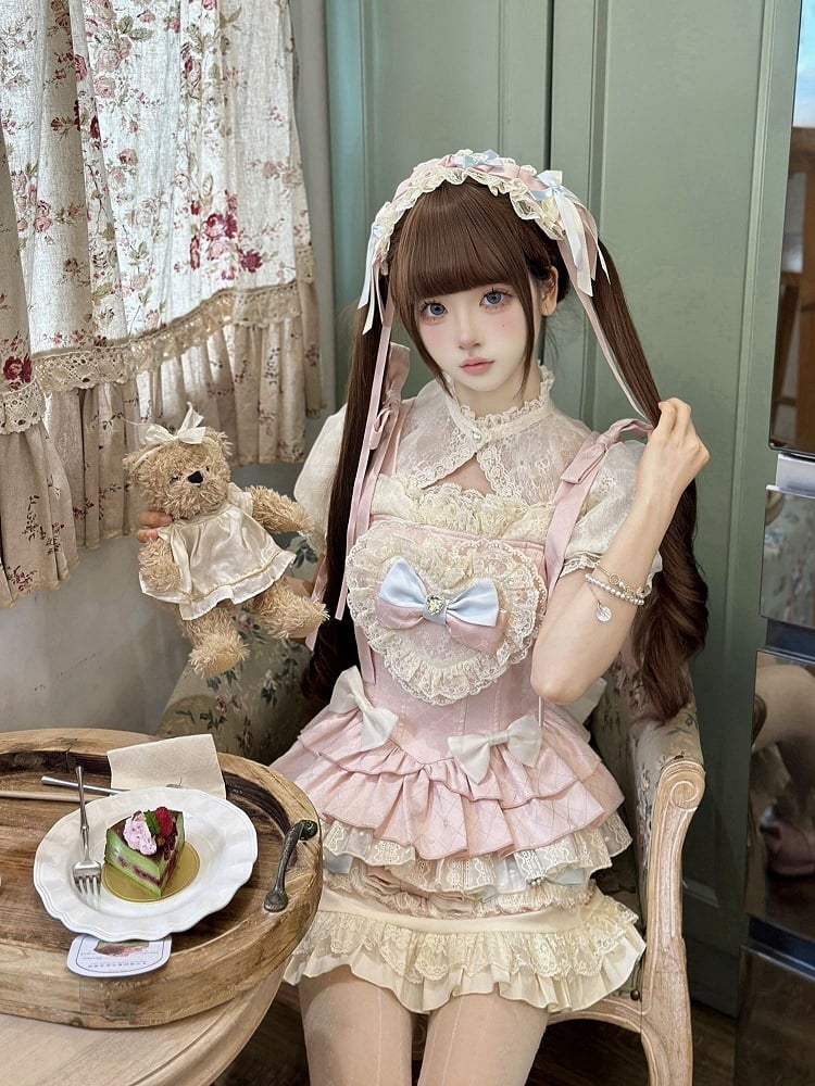 Skirt Lolita + Accents Puff Pink Full Sleeves and Set Cami Sweet - Top Cropped Bow Blue
