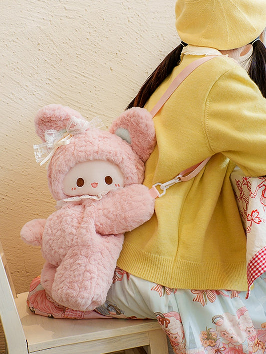 ピンクラビットの蝶結びレースディテールのぬいぐるみバックパック ミドル/ラージサイズ