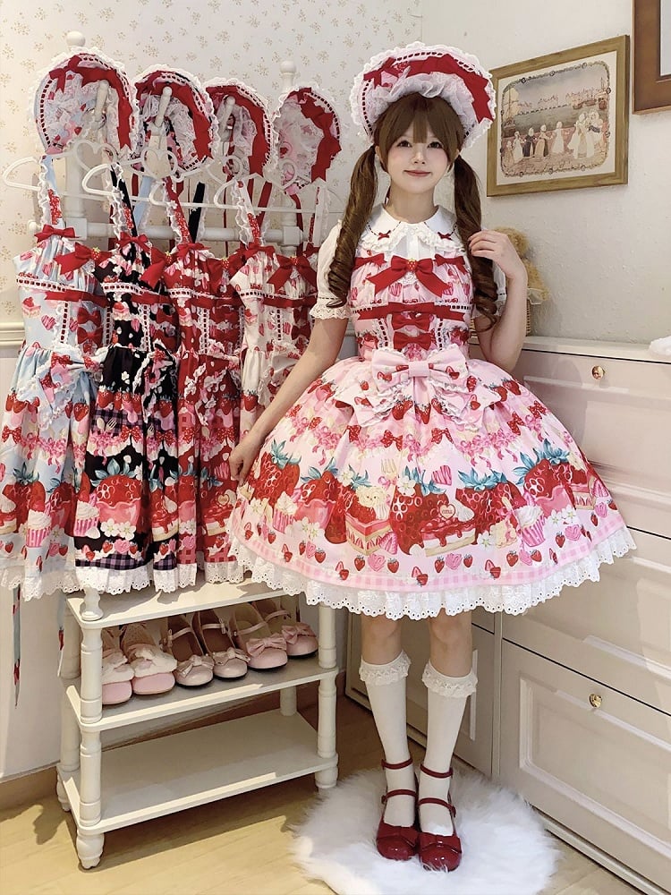 Print Strawberry Dress Pink Dessert and Lolita Sweet