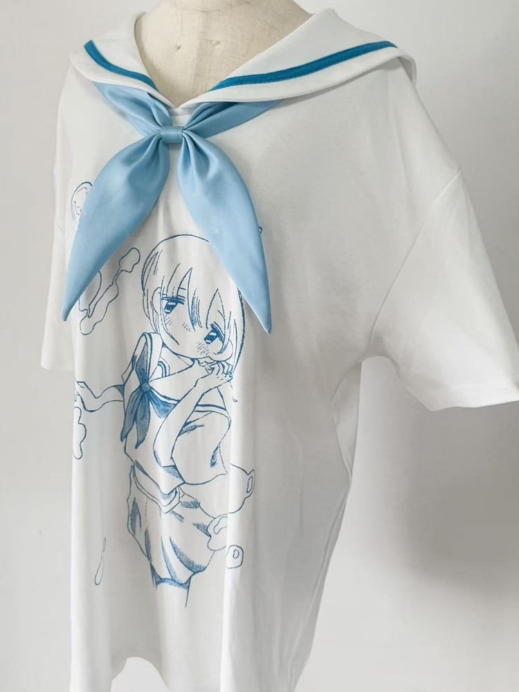 Mit Tenshi Fliege Cartoon Krawatte T-Shirt Kragen Blau Sailor WeißBlau Kaiwai Druck
