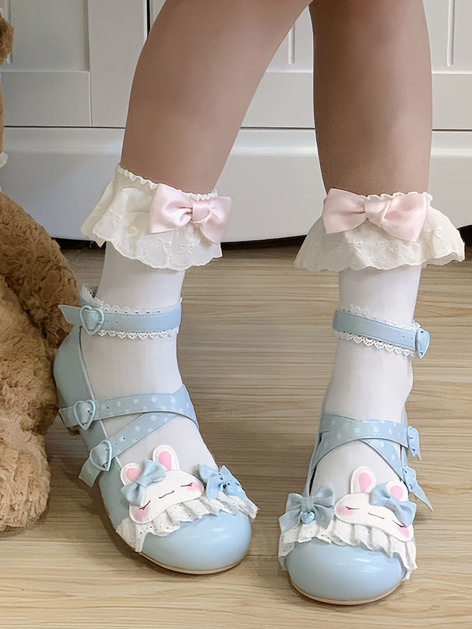 Süßes Design Crisscross Polka-dot Schuhe Lolita Bunny Spitze Applique Trim Muster Details Bowknot Blau