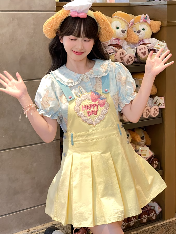Strawberry Embroidery Yellow Box Pleat Overall Dress Sweet