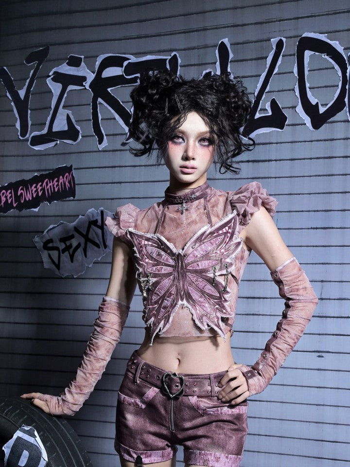 Pink Top Sleeves Punk Silver Y2K Puff with Distressed Tulle Graphics