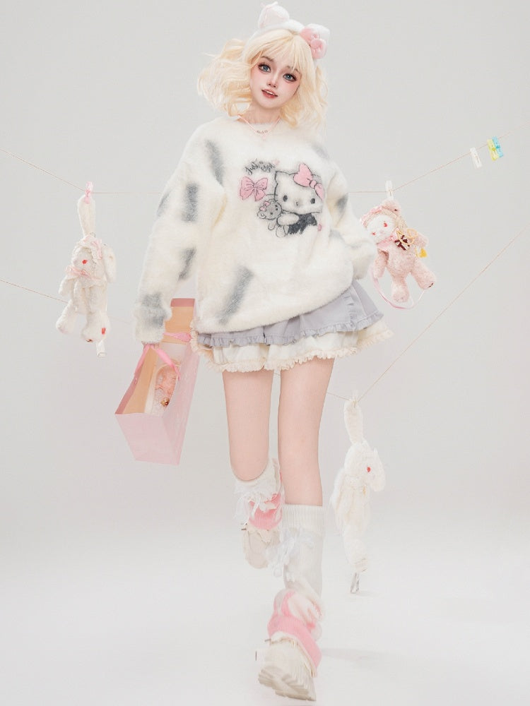 Milk White Kitty Graphic Distress Trim Loose Sweater