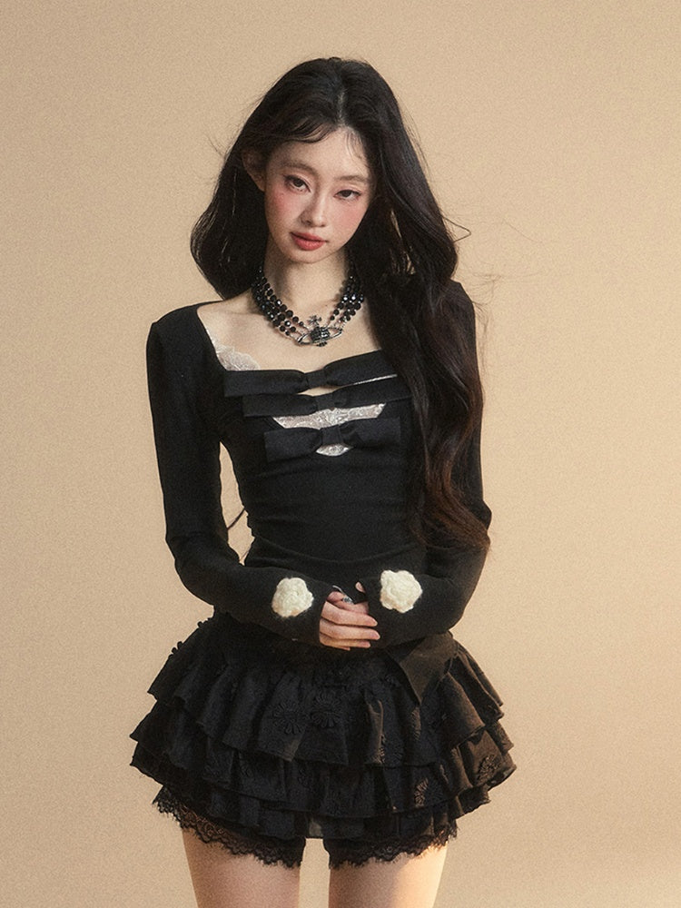 Lace Patches Glamorous Detail Contrast White Bowknots V-neck Black Knitted Top