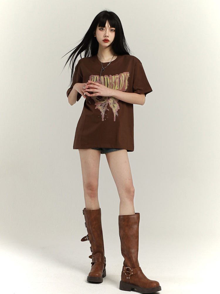 Dunkelgrau/Braun/Schwarz/Weiß Vintage Loose T-Shirt mit Schmetterlingsdruck