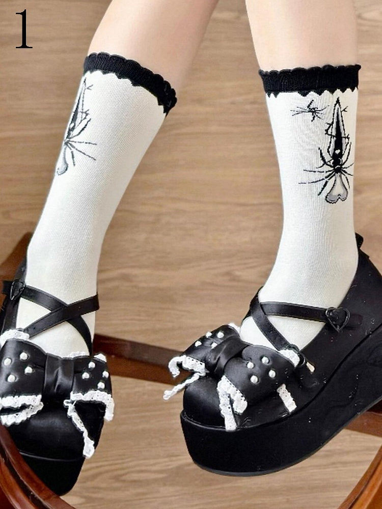 Polka-dot Sword Calf Black Pattern Spider Lolita Socks