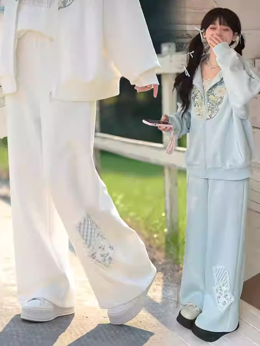 ブルー/ホワイト 伸縮性ウエスト 花柄アップリケ ワイドレッグパンツ レギュラー/ショートバージョン