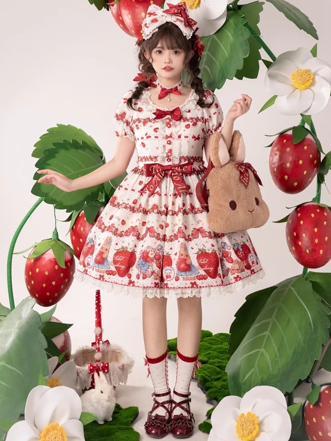 春のイチゴとウサギのプリントレーストリムリボンアクセントベージュスイートドレスロリータワンピース