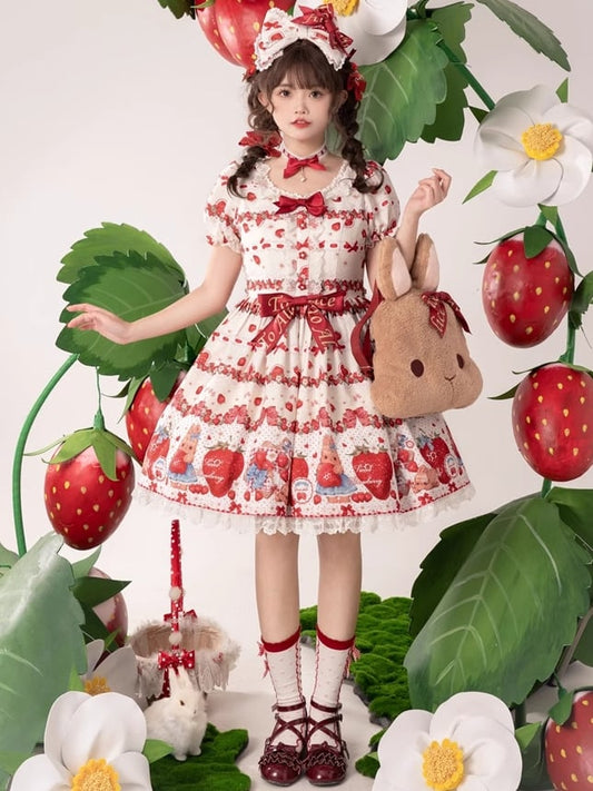 春のイチゴとウサギのプリントレーストリムリボンアクセントベージュスイートドレスロリータワンピース