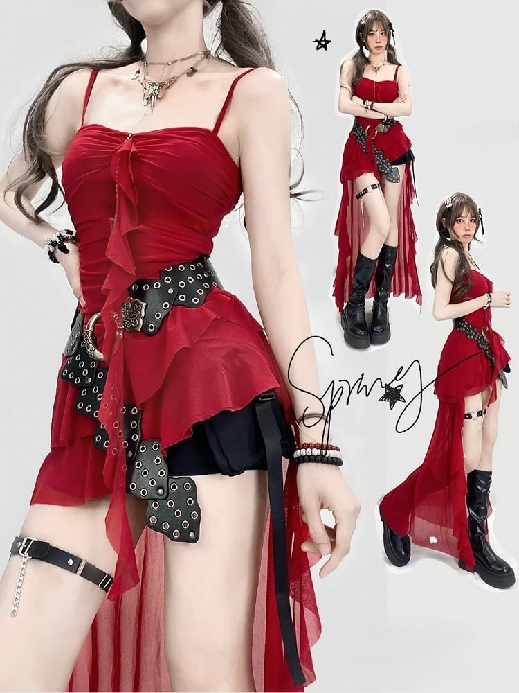 ヴィンテージレッドのアシンメトリーフリルヘムハイローグラマラスキャミドレス