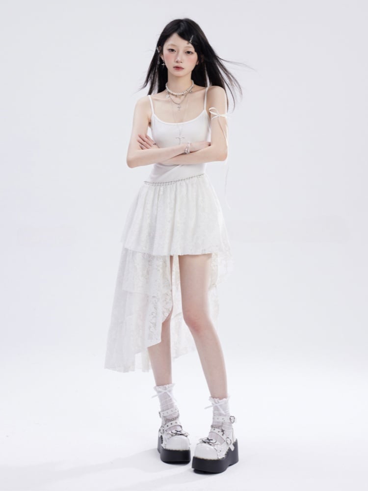 Waist and White Asymmetrical Waistline Lace Hem Slip Dress with Chain Free