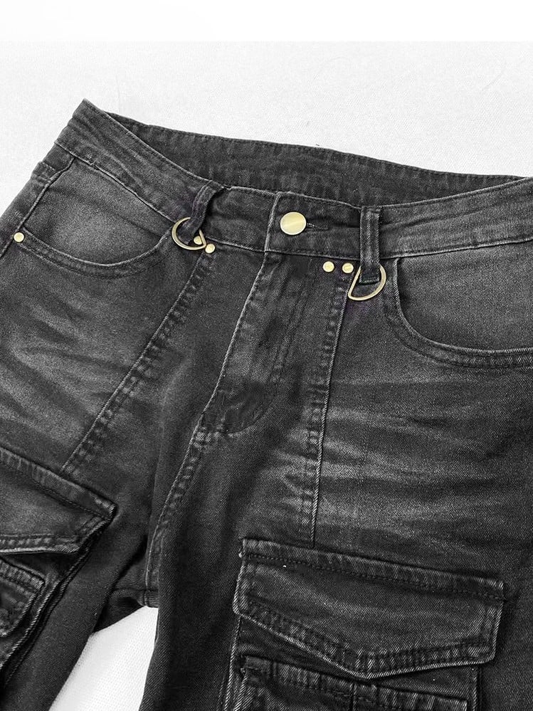 Silhouette Jeans With Multiple Pocket Accents Waist Flare Kawaii Black Glamorous Bittersweet Low