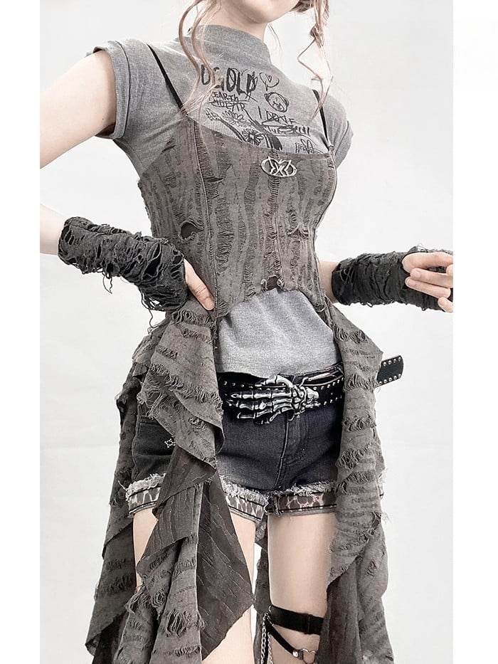 Punk Accents Ruffle Top Distressed Detail Wasteland Cascading Cami Gray