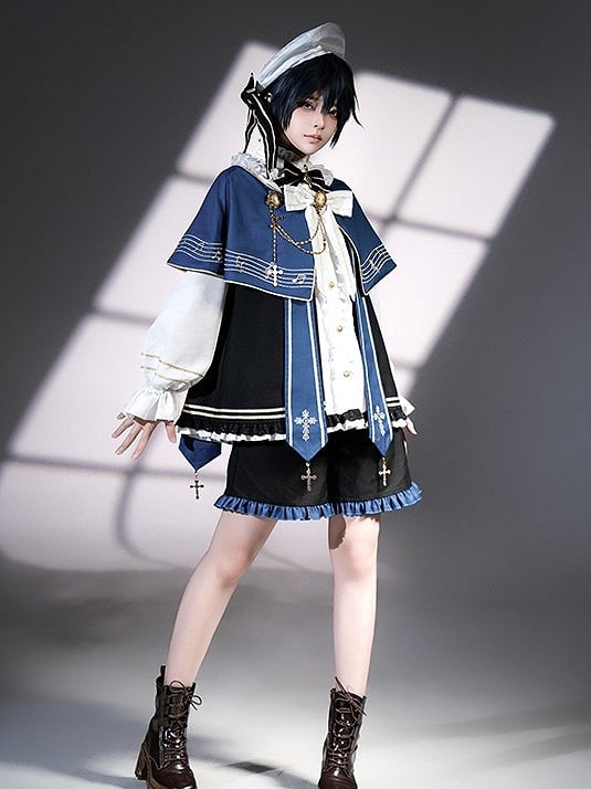 with and Top Set Musical Note Lolita Capelet + White Ouji Embroidered Blue Full Shorts