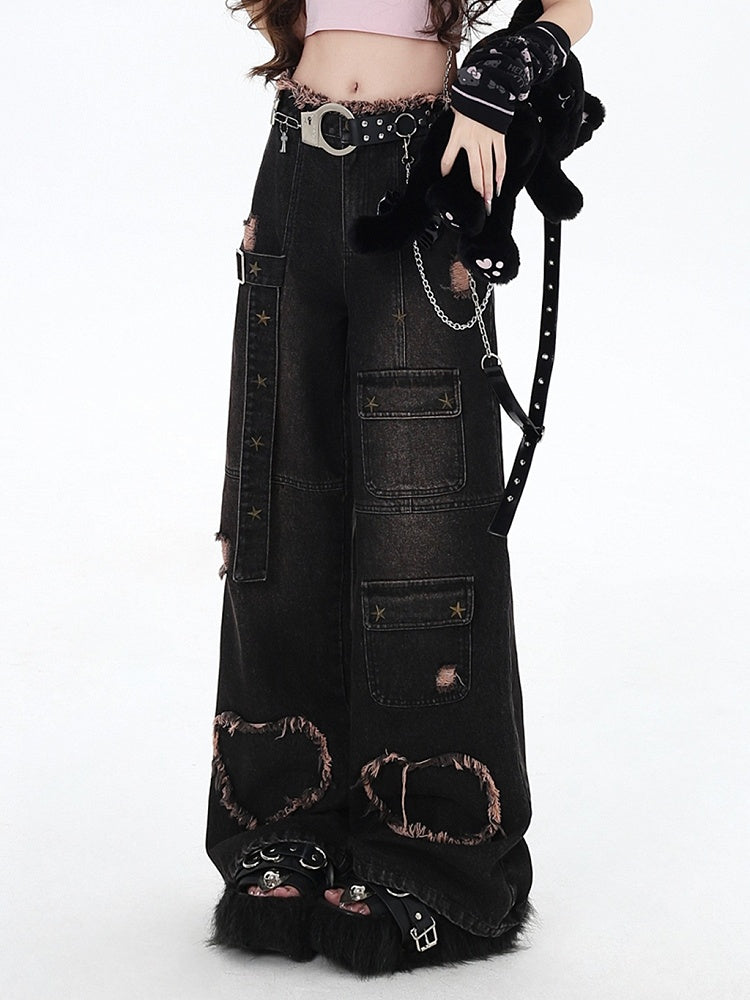 Holes Wide-leg Black Cut Distressed Y2K Jeans