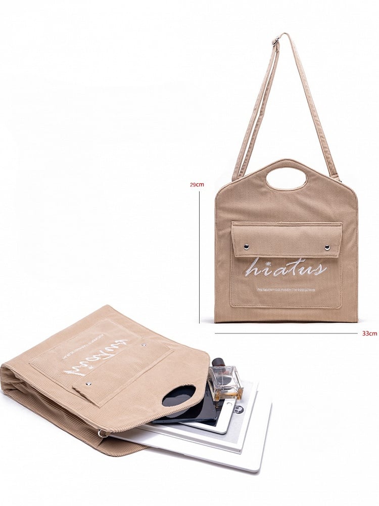 Lightweight With Embroidered Lettering Capacity Brown Corduroy Tote Bag: Large