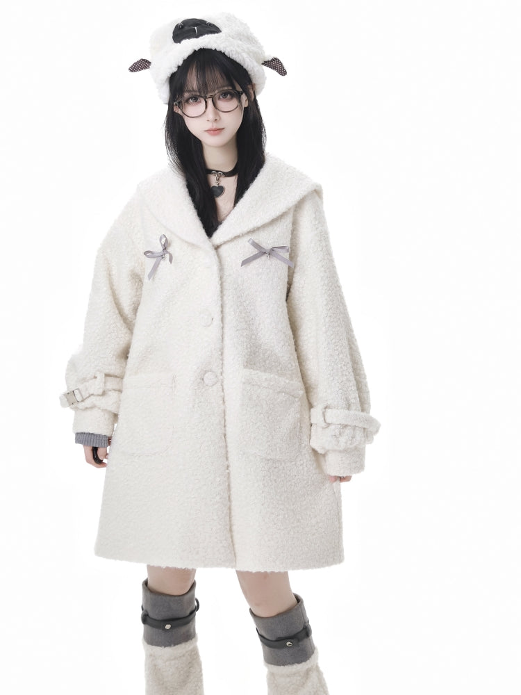 White Christmas Bowknot Detail Fleece Coat