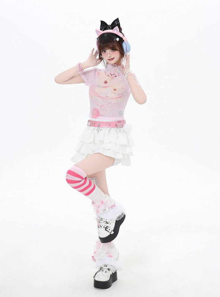 Cropped Beige/Light Pink Yume T-Shirt Adorable Animal Print Semi-sheer Kawaii