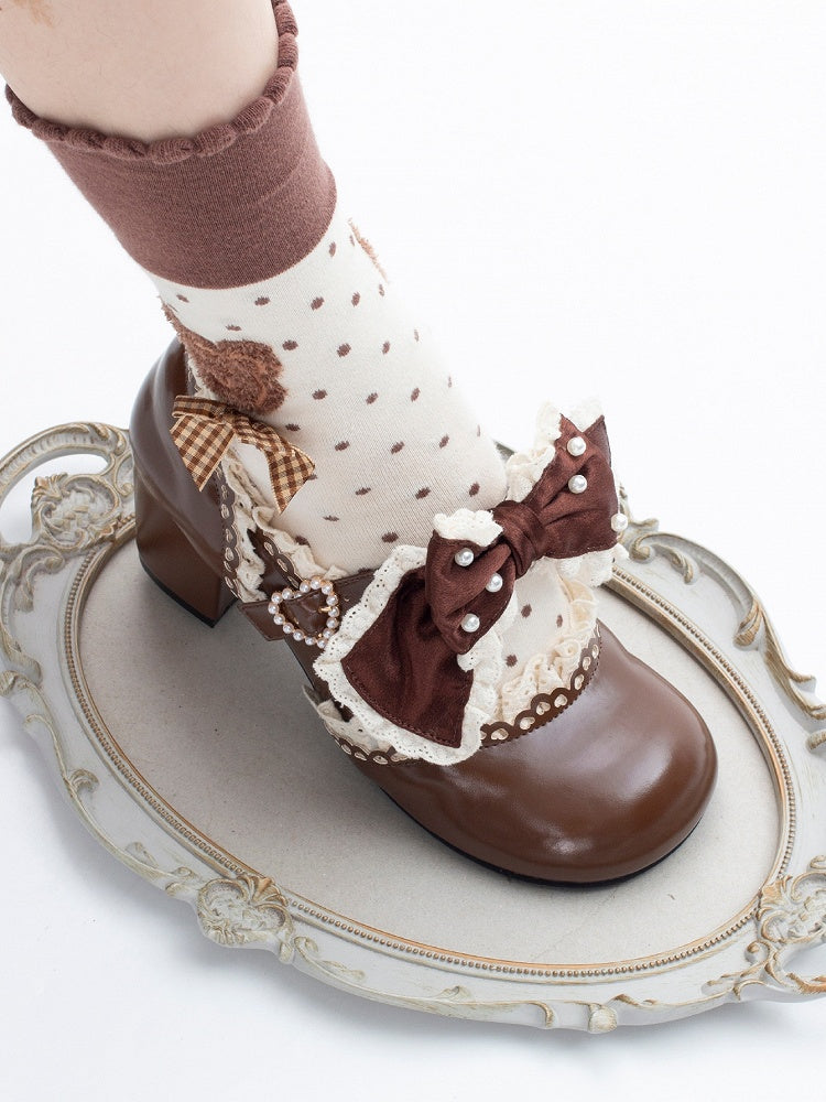 Brown Beaded Lolita Leather in Bow Trim Mid-heel Janes Heart Lace with Beads Mary Buckle Decorated PU