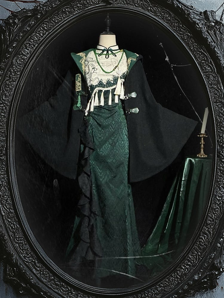 Slythern Grüne Volantärmel Cheongsam-Stil Goth Schlangenschuppenmuster Qipao-Kleid Kurz-/Langversion