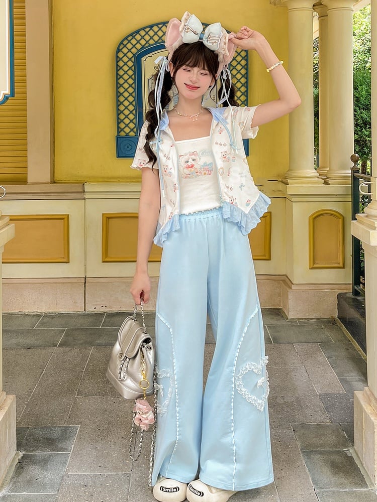 Zip-up Hooded Cute Kitty Print Curved Hem Lace Blue Trim T-Shirt