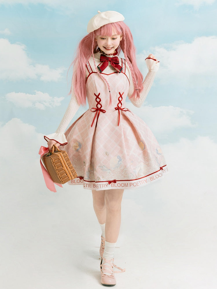 Ruffle Aprioct with Bowknot Long Top Red Sleeves Neckline