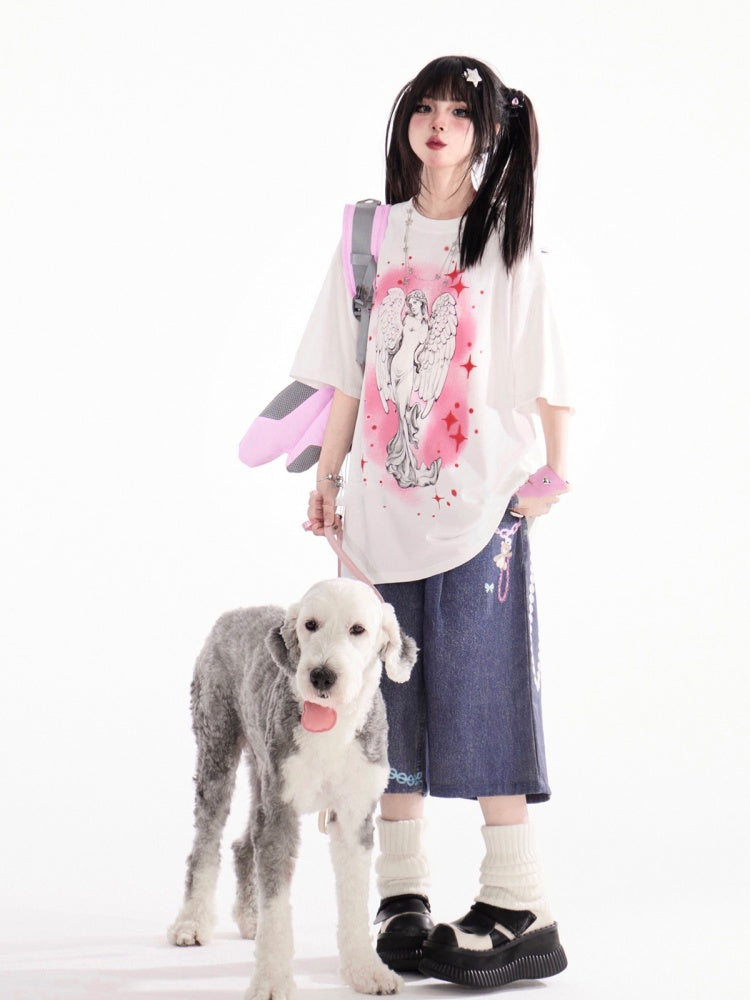 Print Loose White Round Neck Angel T-Shirt Statue