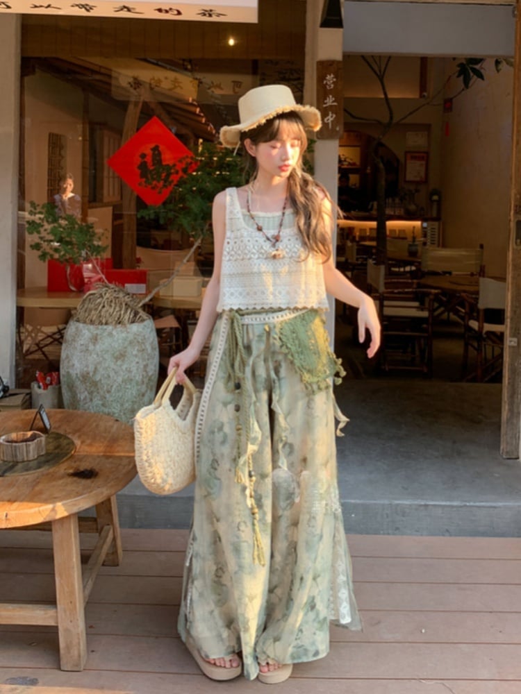 Dye Wide-Leg Pants Mori Kei Green Tie Accessory Regular/Short Detachable Version with Knitted