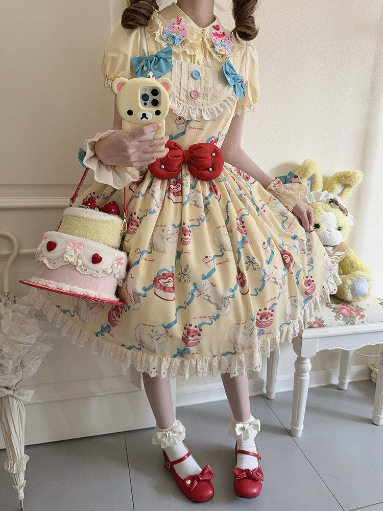 Lolita Print Dress Yellow Showa Cherry Fashion Cream Sweet Cake Kitty and