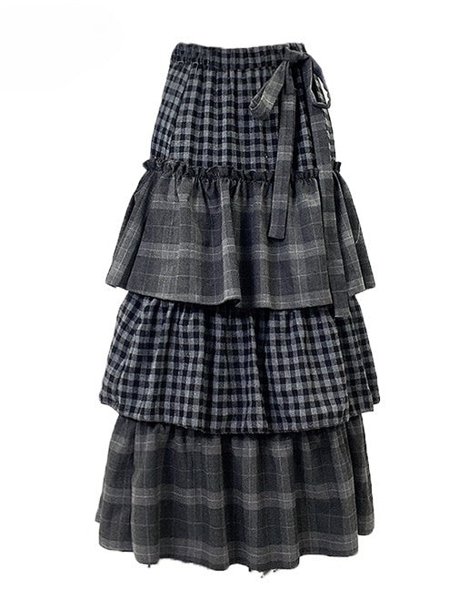 Self-tie Dark Strap Tiered Plaid Gray Pattern Skirt Bittersweet