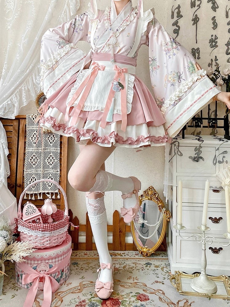 Han Pink Blossom Crossover Skirt Top Outfit Neckline Sakura Cherry Festival + Herbal Medicine Lolita Set
