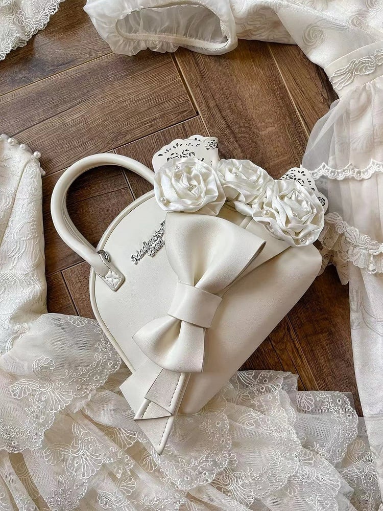 Big Creamy Bowknot Shell White Roses Bag