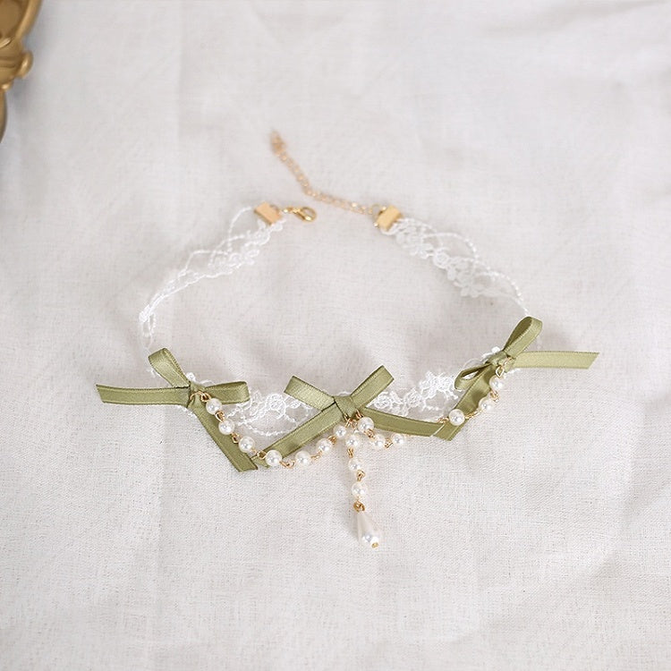 Chain Kei Bowknot Mori Green Beaded White With Gentle Lace Choker Lolita