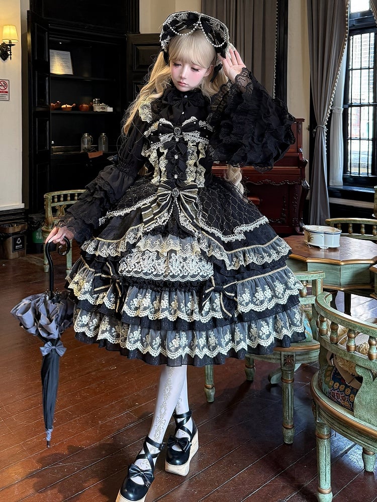 Princess Neckline Lolita Chain Gorgeous Bead Black Bow Flower Dress