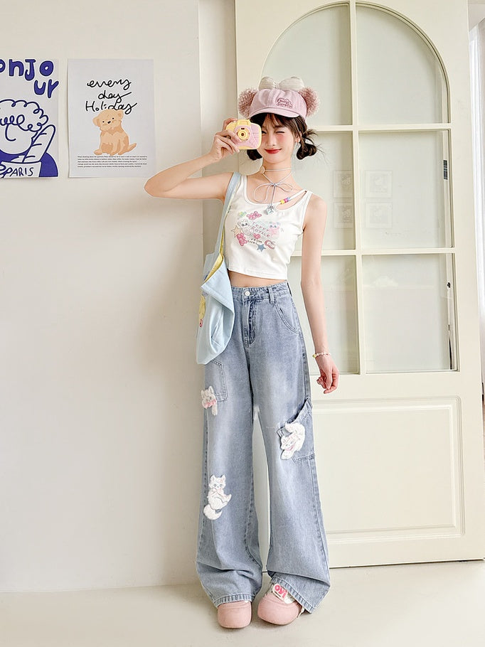 with Detachable Kitty Appliques Blue Wide-Leg Jeans Short/Long Version