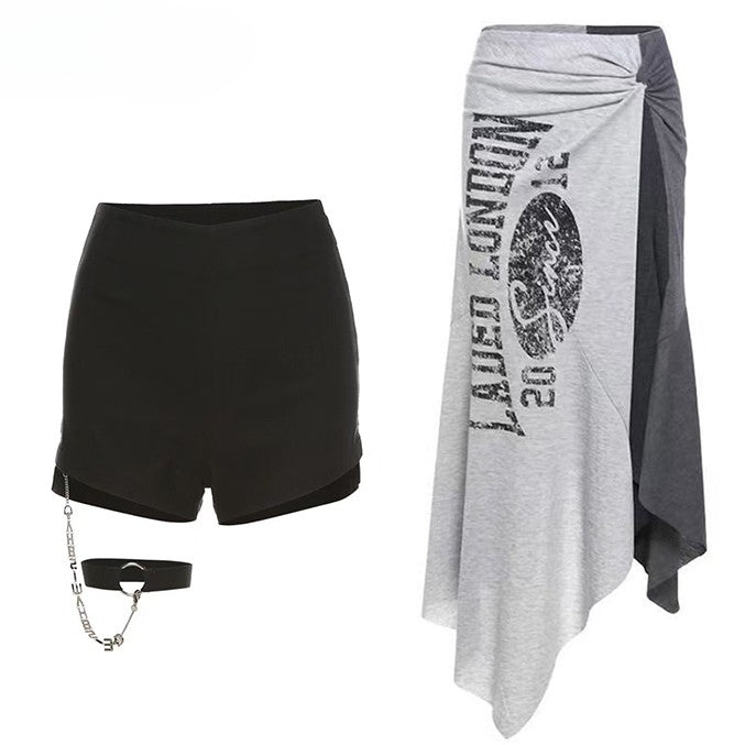 Shorts Hem Black Slit With Letter Asymmetrical Side Skirt Gray Print Glamorous