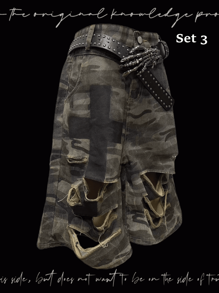 Punk Camouflage Distressed Holes Wasteland Wide-Leg Shorts